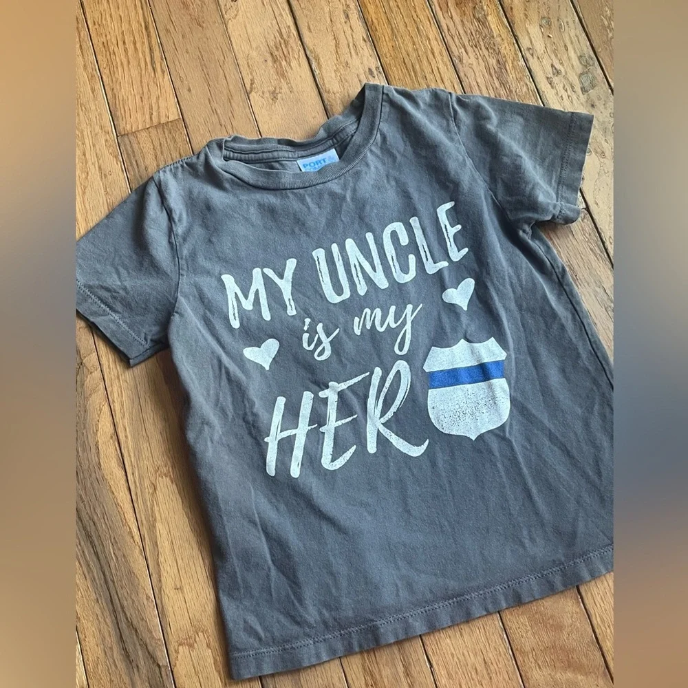 Kids Gray 'My Uncle Is My Hero' Police Badge Thin Blue Line Short Sleeve Tee 4T